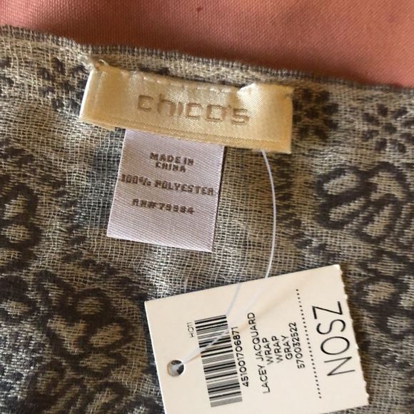 Chico's Accessories - Chico’s Lacey jacquard wrap scarf gray one size fringe edge NWT